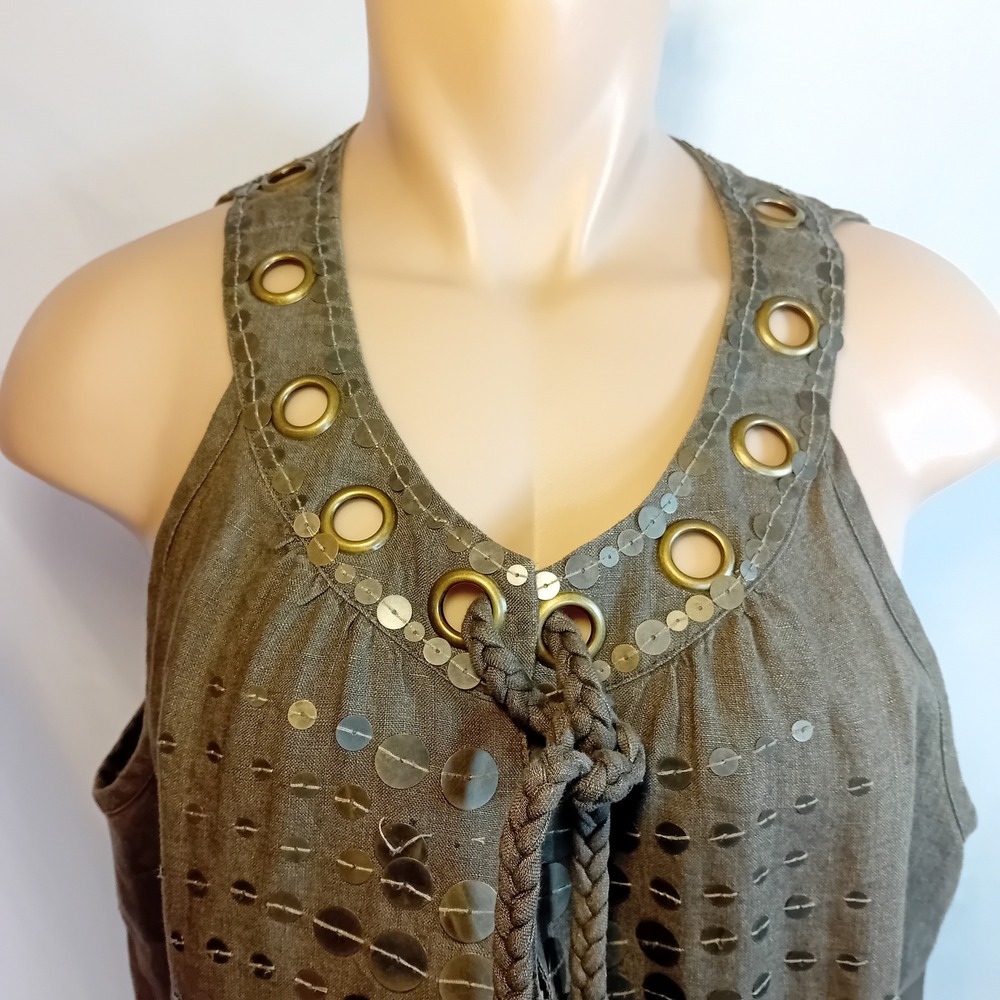 Signal Linen Sequin Studded Grommet Sleeveless Top Olive Green Bohemian Work XL - Picture 6 of 16